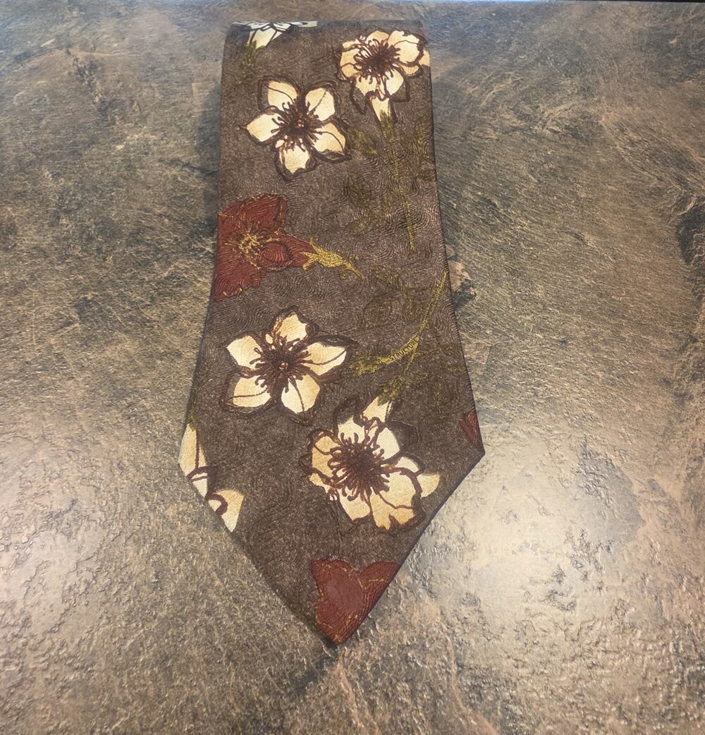 Structure Mens Brown Floral Silk Necktie 4x57 Botanical Retro Statement Tie